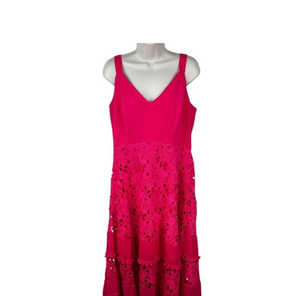 Boston Proper Maxi Dress Mixed Media Lace Pom Pom Sleeveless Hot Pink Size L - Picture 2 of 15